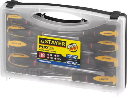 Набор STAYER &quot;PROFESSIONAL&quot; &quot;PROTech&quot;: Отвертки, Cr-Mo, двухком рукоят, отвертки 7шт, отвертка-битодержатель, биты 10шт 25133-H8_z02 купить в Ноябрьске