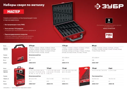 ЗУБР 99 шт, (1-10 мм), сталь Р4М2, класс В, мет.бокс, набор сверл по металлу (29605-H99) купить в Ноябрьске