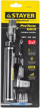 Газовая горелка STAYER &quot;PROFESSIONAL&quot;, 2в1, пьезоподжиг, регулировка пламени, 4 насадки, 1200С 55505-H6 купить в Ноябрьске