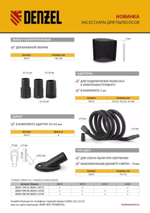 Комплект адаптеров для подключения пылесоса к электроинструменту 32-35-38 мм Denzel 28218 купить в Ноябрьске