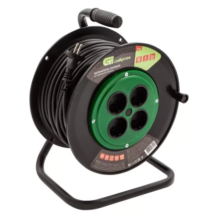 Удлинитель силовой 50 м Сибртех 95855, 10А, тип УХ10, ПВС, на кабельной катушке, 4 розетки без заземления купить в Ноябрьске