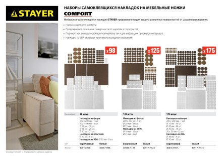Набор STAYER &quot;COMFORT&quot;: Накладки самоклеящиеся на мебельные ножки, 175 шт, коричневые 40916-H175 купить в Ноябрьске
