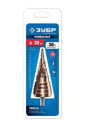 ЗУБР КОБАЛЬТ 4-39мм, 14 ступеней, винтовая проточка, сверло ступенчатое, серия Профессионал(29674-4-39-14) купить в Ноябрьске