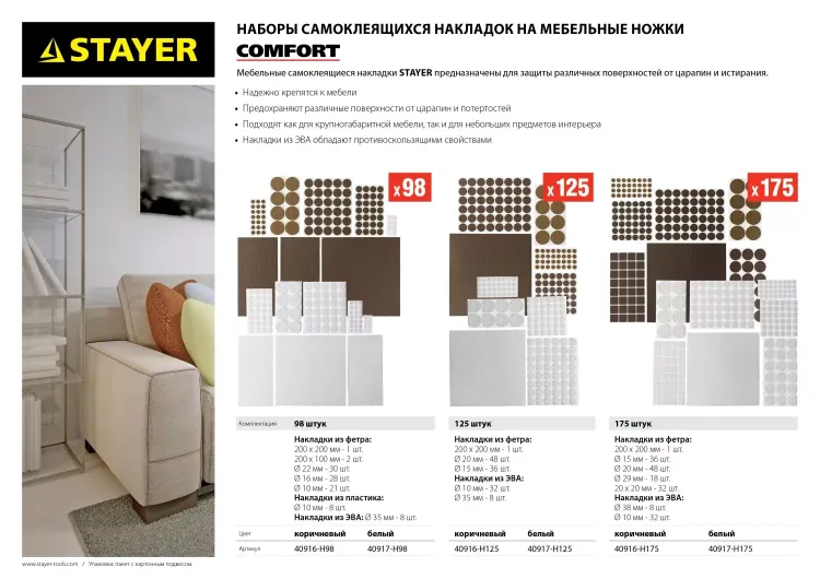 Набор STAYER "COMFORT": Накладки самоклеящиеся на мебельные ножки, 125 шт, коричневые 40916-H125 купить в Ноябрьске