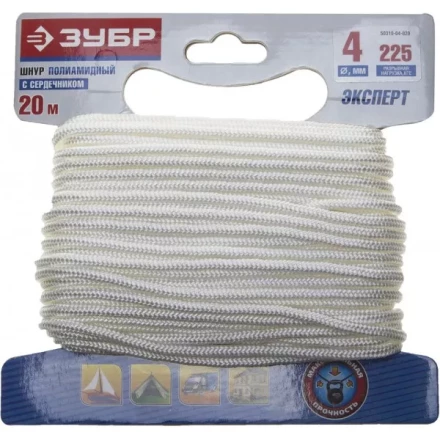 Шнур ЗУБР полиамидный, плетеный, повышенной нагрузки, с сердечником, белый, d 4, 20м 50310-04-020 купить в Ноябрьске