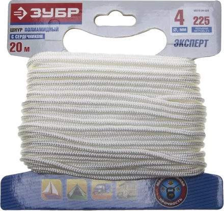 Шнур ЗУБР полиамидный, плетеный, повышенной нагрузки, с сердечником, белый, d 4, 20м 50310-04-020 купить в Ноябрьске