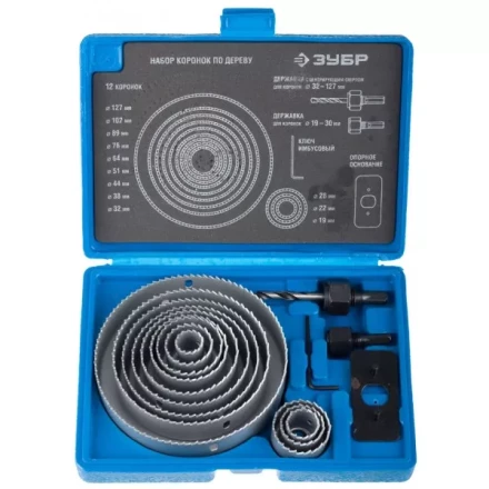 Набор ЗУБР &quot;ЭКСПЕРТ&quot; Коронки по дереву 19-127мм, державка 19-30мм, державка с опорн. основан, ключ имбус. 2,5мм, 15 пред 29554-H15_z01 купить в Ноябрьске