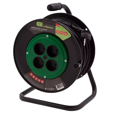 Удлинитель силовой 50 м, 16А, тип УХ10, ПВС, на кабельной катушке, 4 розетки без заземления Сибртех 95865 купить в Ноябрьске