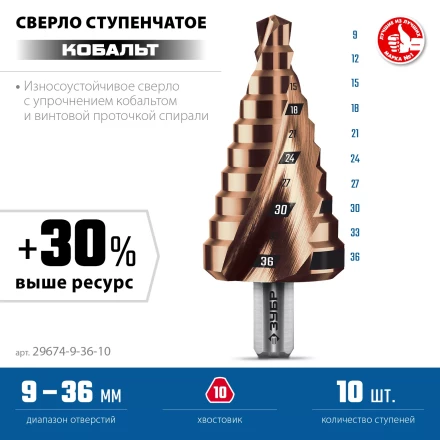 ЗУБР КОБАЛЬТ 9-36мм, 10 ступеней, винтовая проточка, сверло ступенчатое, ПРОФЕССИОНАЛ (29674-9-36-10) купить в Ноябрьске
