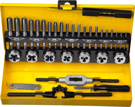 Набор метчиков и плашек STAYER &quot;MASTER&quot;, плашки 7шт, метчики компл. 21шт, метчикодерж. 1шт, плашкодерж. 1шт, резьбомер 1шт, отвертка 1шт, 32 предмета 28014-H32 купить в Ноябрьске