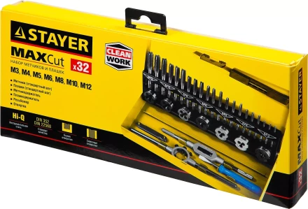 Набор метчиков и плашек STAYER &quot;MASTER&quot;, плашки 7шт, метчики компл. 21шт, метчикодерж. 1шт, плашкодерж. 1шт, резьбомер 1шт, отвертка 1шт, 32 предмета 28014-H32 купить в Ноябрьске
