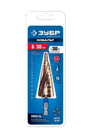 ЗУБР КОБАЛЬТ 6-30мм, 13 ступеней, винтовая проточка, сверло ступенчатое, ПРОФЕССИОНАЛ (29674-6-30-13) купить в Ноябрьске