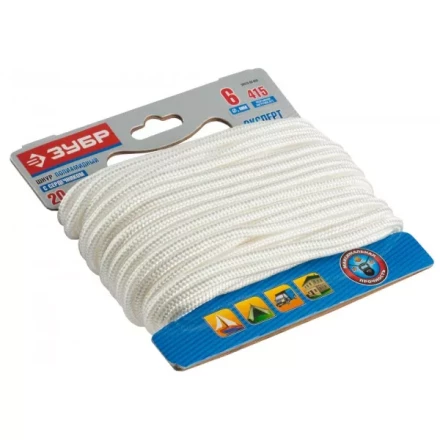 Шнур ЗУБР полиамидный, плетеный, повышенной нагрузки, с сердечником, белый, d 6, 20м 50310-06-020 купить в Ноябрьске