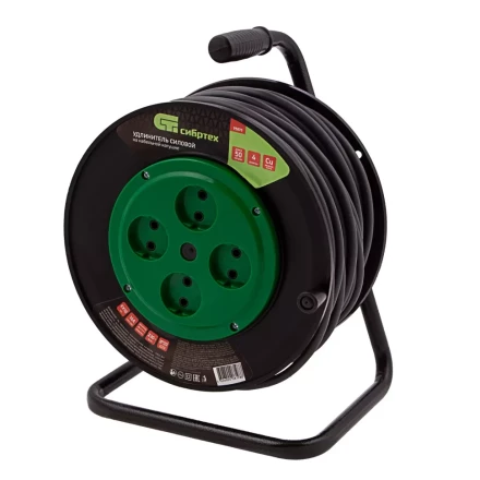 Удлинитель силовой 50 м, 16А, тип УХ10, ПВС, усиленный, на кабельной катушке, 4 розетки без заземления Сибртех 95870 купить в Ноябрьске
