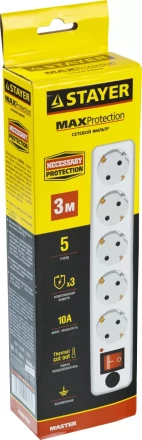 Сетевой фильтр STAYER &quot;MASTER&quot; электрический, 5 гнезд, макс. мощн. 2200 Вт, 3м 55066-3 купить в Ноябрьске