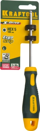 Отвертка KRAFTOOL, Cr-Mo-V сталь, двухкомпонентная противоскользящая рукоятка, HEX, №5x100мм 250075-5-100 купить в Ноябрьске