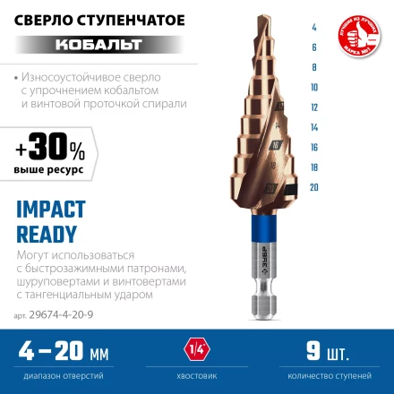 ЗУБР КОБАЛЬТ 4-20мм, 9 ступеней, винтовая проточка, сверло ступенчатое, серия Профессионал(29674-4-20-9) купить в Ноябрьске