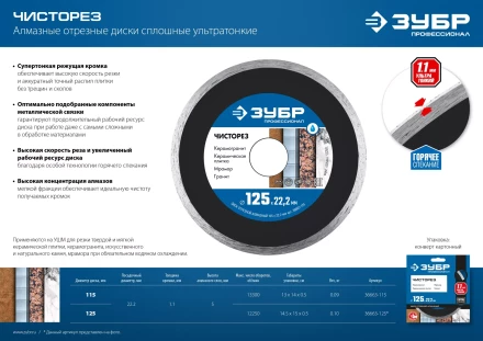ЗУБР Чисторез, 125 мм, (22.2 мм, 5 х 1.1 мм), сплошной алмазный диск, Профессионал (36663-125) купить в Ноябрьске