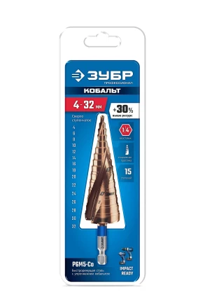 ЗУБР КОБАЛЬТ 4-32мм, 15 ступеней, винтовая проточка, сверло ступенчатое, ПРОФЕССИОНАЛ (29674-4-32-15) купить в Ноябрьске