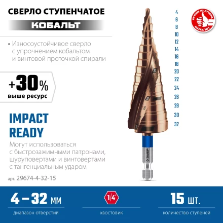 ЗУБР КОБАЛЬТ 4-32мм, 15 ступеней, винтовая проточка, сверло ступенчатое, ПРОФЕССИОНАЛ (29674-4-32-15) купить в Ноябрьске