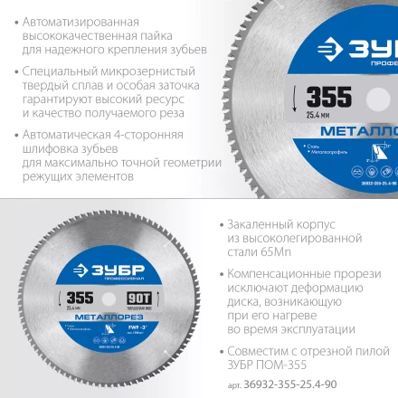 ЗУБР Металлорез, 355 х 25.4 мм, 90Т, пильный диск по металлу и металлопрофилю, Профессионал (36932-355-25.4-90) купить в Ноябрьске