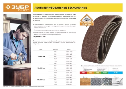 Лента шлифовальная бесконечная ЗУБР &quot;СТАНДАРТ&quot; на тканевой основе, для ЛШМ, P60, 75х533мм, 5 шт 35342-060 купить в Ноябрьске