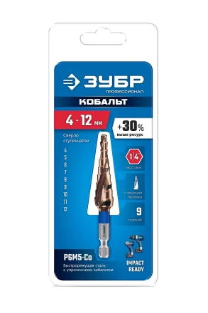 ЗУБР КОБАЛЬТ 4-12мм, 9 ступеней, винтовая проточка, сверло ступенчатое, серия Профессионал(29674-4-12-9) купить в Ноябрьске
