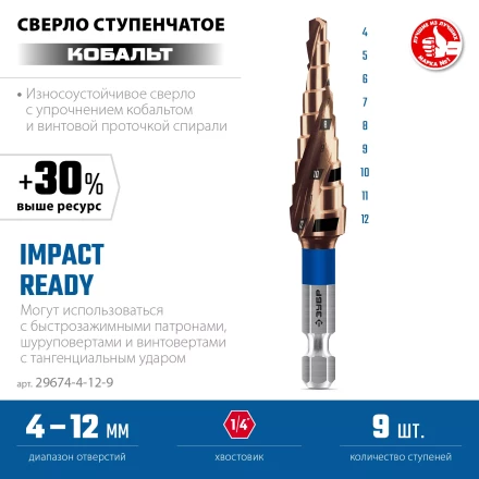 ЗУБР КОБАЛЬТ 4-12мм, 9 ступеней, винтовая проточка, сверло ступенчатое, серия Профессионал(29674-4-12-9) купить в Ноябрьске