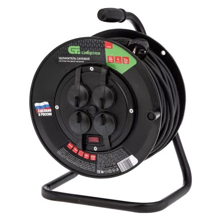 Удлинитель силовой на кабельной катушке, ПВС, 50 м, 4 розетки с крышкой, IP44, 16А, УХз16, Россия Сибртех 96048 купить в Ноябрьске