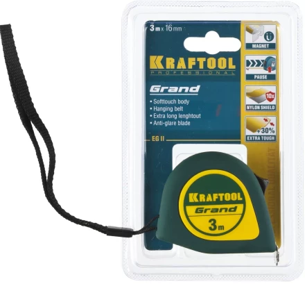Рулетка KRAFTOOL GRAND, обрезиненный пластиковый корпус, 3м/16мм 34022-03-16 купить в Ноябрьске