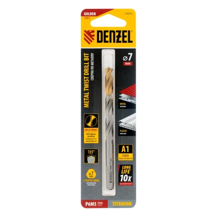 Сверло спиральное по металлу Denzel 7,0 x 109 мм, Р6М5, Golden Tip, 718237 купить в Ноябрьске