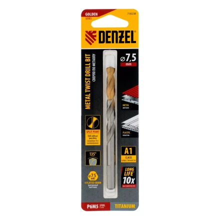 Сверло спиральное по металлу Denzel 7,5 x 109 мм, Р6М5, Golden Tip, 718238 купить в Ноябрьске