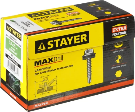 Саморезы СКМ кровельные, RAL 6002 зеленый лист, 25 x 5.5 мм, 420 шт, для металлических конструкций, STAYER 30305-55-025-6002 купить в Ноябрьске