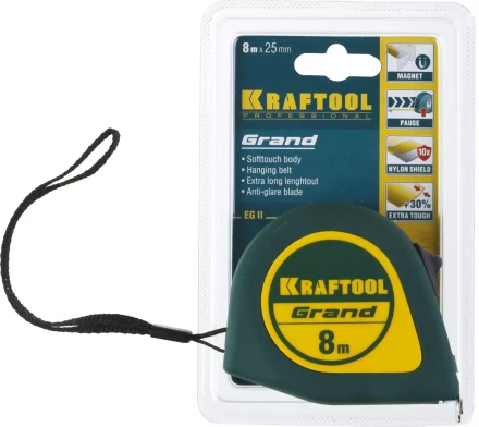 Рулетка KRAFTOOL GRAND, обрезиненный пластиковый корпус, 8м/25мм 34022-08-25 купить в Ноябрьске
