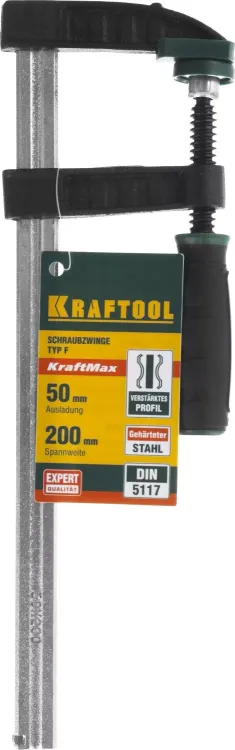 Струбцина, KRAFTOOL 32011-050-200, тип "F", DIN 5117, двухкомпонентная ручка, 50х200мм 32011-050-200 купить в Ноябрьске