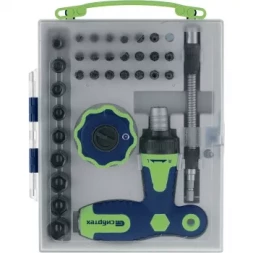 Отвертка Т-образная и трещотка реверсивные с набором бит торцевых головок 34 предмета Сибртех 13383