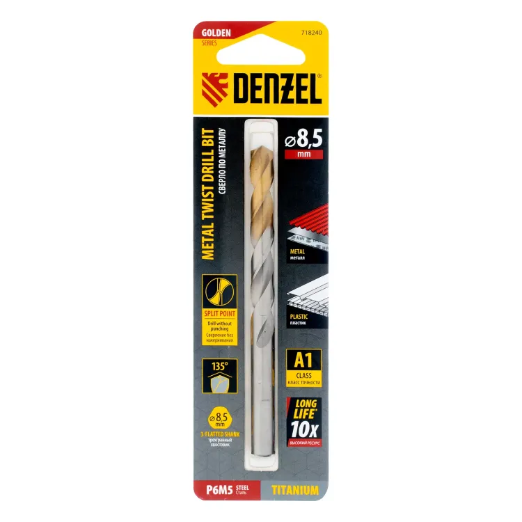 Сверло спиральное по металлу Denzel 8,5 x 117 мм, Р6М5, Golden Tip, 718240 купить в Ноябрьске