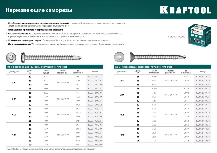 Нержавеющие саморезы DS-P с полукруглой головкой, коробка 300931-42-019 купить в Ноябрьске