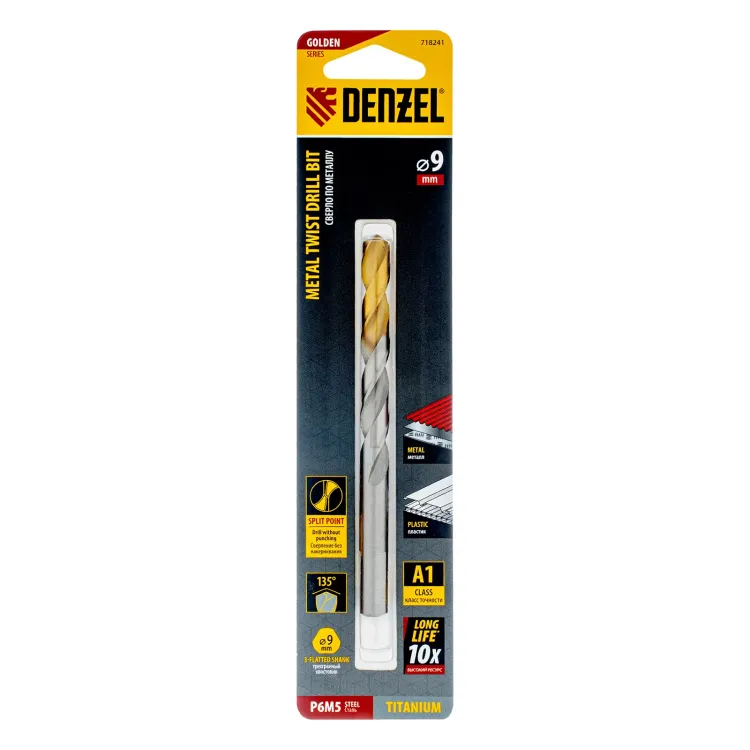 Сверло спиральное по металлу Denzel, 9 x 125 мм, Р6М5, Golden Tip, 718241 купить в Ноябрьске