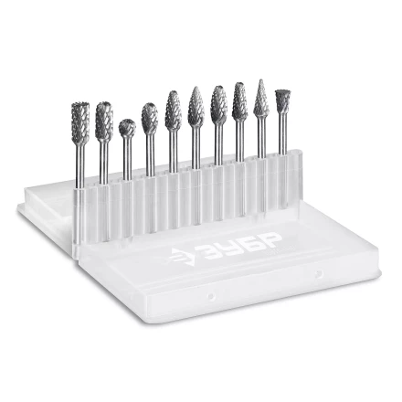 Зубр Набор твердосплавных борфрез для гравера, 10 шт.: 6 мм: B0616, C0616, D0605, E0610, F0618, G0618, H0618, L0616, M0618, N0608 (28816-H10) купить в Ноябрьске