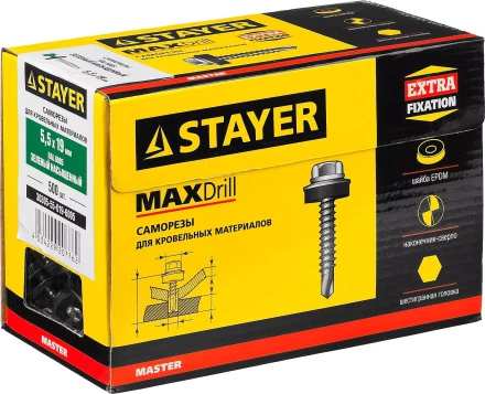 Саморезы СКМ кровельные, RAL 6005 зеленый насыщенный, 19 x 5.5 мм, 500 шт, для металлических конструкций, STAYER 30305-55-019-6005 купить в Ноябрьске