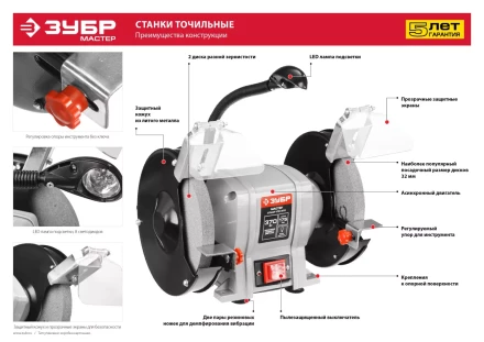 Станок точильный увеличенная мощность + лампа подсветки ЗТШМ-150-250 серия МАСТЕР купить в Ноябрьске