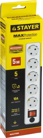 Сетевой фильтр STAYER &quot;MASTER&quot; электрический, 5 гнезд, макс. мощн. 2200 Вт, 5м 55066-5 купить в Ноябрьске