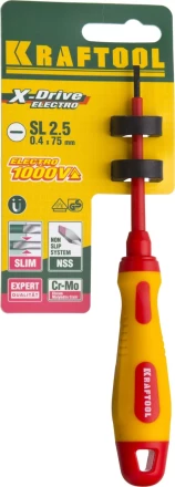 Отвертка KRAFTOOL, высоковольтная, Cr-Mo-V стержень, двухкомпонент. маслобензостойкая рукоятка, SL, 2,5х75мм 250083-2.5-075 купить в Ноябрьске