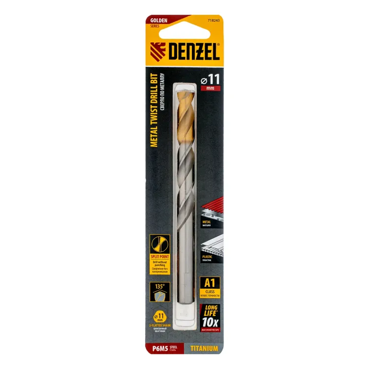 Сверло спиральное по металлу Denzel, 11 x 142 мм, Р6М5, Golden Tip, 718243 купить в Ноябрьске