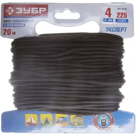 Шнур ЗУБР полиамидный, плетеный, повышенной нагрузки, с сердечником, черный, d 4, 20м 50311-04-020 купить в Ноябрьске