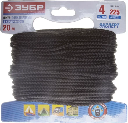 Шнур ЗУБР полиамидный, плетеный, повышенной нагрузки, с сердечником, черный, d 4, 20м 50311-04-020 купить в Ноябрьске