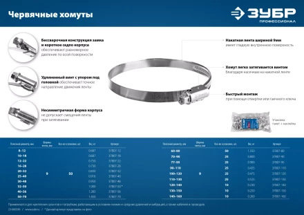 ЗУБР Х-9Н, 16 - 28 мм, накатная лента 9 мм, цинк, 50 шт, червячный хомут (37807-28) купить в Ноябрьске