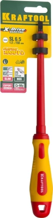 Отвертка KRAFTOOL, высоковольтная, Cr-Mo-V стержень, двухкомпонент. маслобензостойкая рукоятка, SL, 6,5х150мм 250083-6.5-150 купить в Ноябрьске