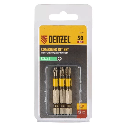Набор бит комбинированный 3 шт., PZ1, PZ2, PZ3, 50 мм, сталь S2 Denzel 11677 купить в Ноябрьске